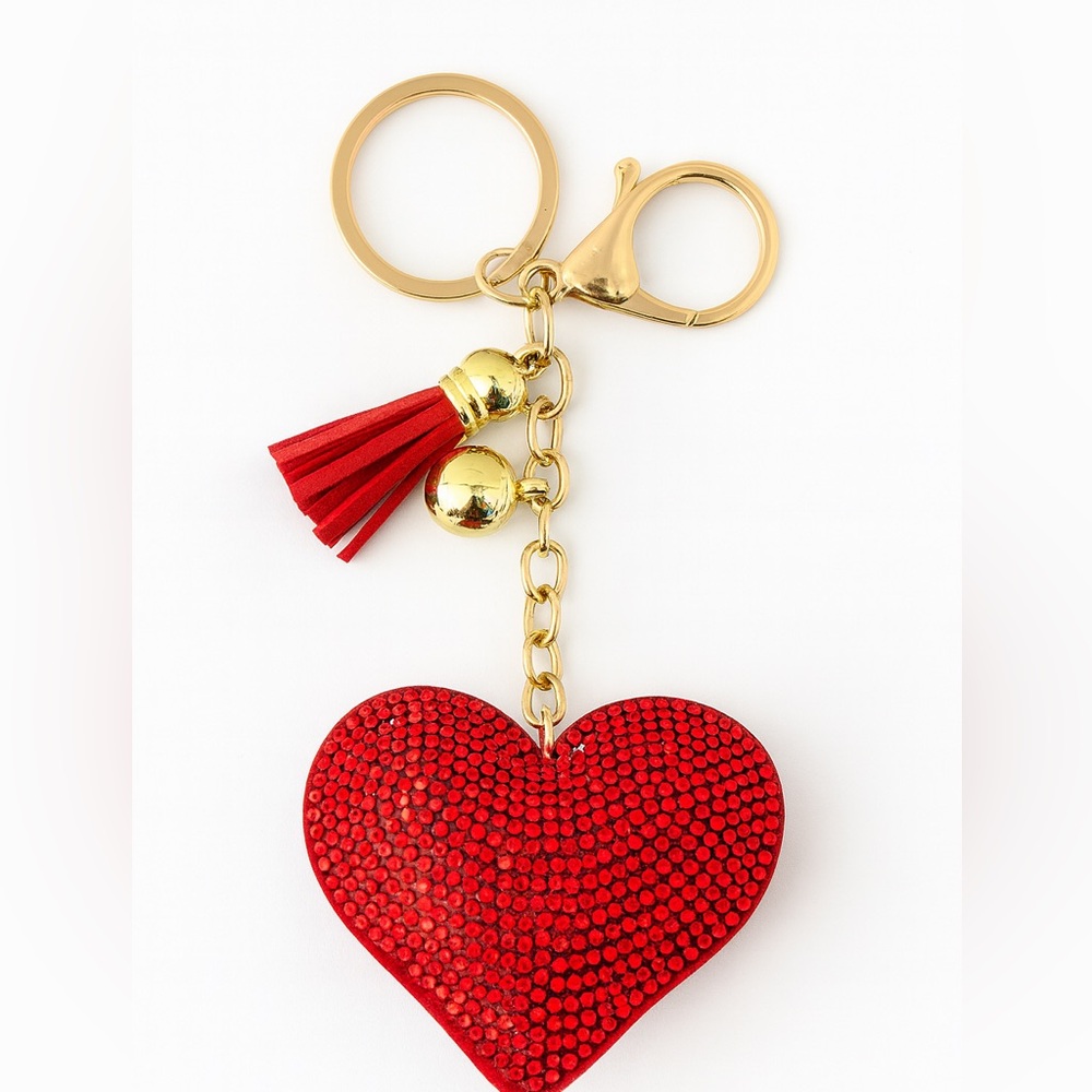 Red Rhinestone Heart Keychain Charm Bag Charm Tassel Gold Hardware New - Picture 5 of 5